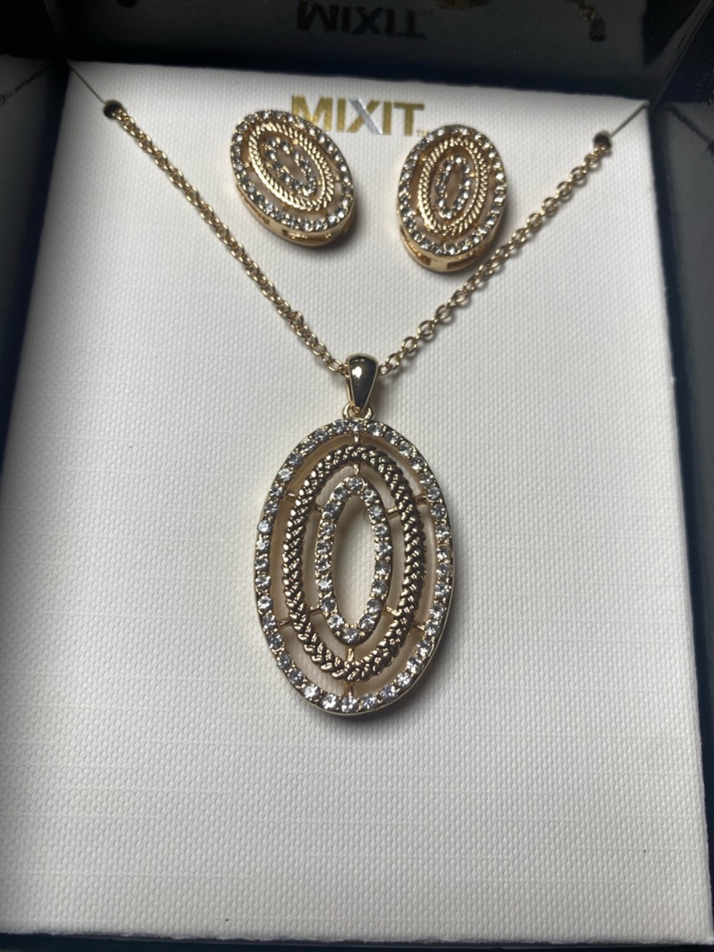 SOLD - Mixit Gold-tone Oval Crystal Pendant Necklace with Matching Stud Earrings